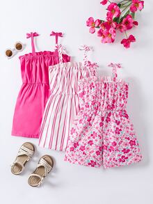 SHEIN 3pcs/Pack Young Girl Summer Casual Ruffled Trim Button Decor Spaghetti Strap Jumpsuit, School, Campus, College - Hot Pink - View 3