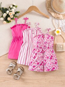 SHEIN 3pcs/Pack Young Girl Summer Casual Ruffled Trim Button Decor Spaghetti Strap Jumpsuit, School, Campus, College - Hot Pink - View 2
