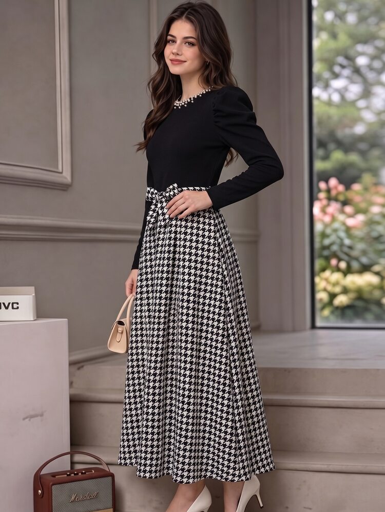 SHEIN Teen Girls Black Houndstooth Dress Pearl Beaded Neck Long Puff Sleeve Patchwork A-Line Skirt Fall Christmas Dresses - Black - View 7