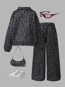 SHEIN 2件組女孩秋冬返校套裝 7-13歲 黑色/灰色豹紋休閒街頭風 NYC印花立領蝙蝠袖長袖拉鍊運動衫上衣搭配鬆緊腰寬鬆長褲，舒適柔軟簡約，適合春夏秋冬外出穿著，可作為禮物 - 黑色 - 查看 2