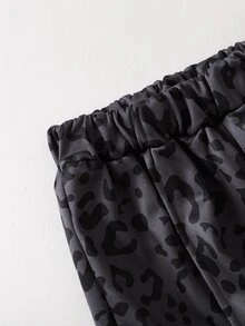 SHEIN 2件組女孩秋冬返校套裝 7-13歲 黑色/灰色豹紋休閒街頭風 NYC印花立領蝙蝠袖長袖拉鍊運動衫上衣搭配鬆緊腰寬鬆長褲，舒適柔軟簡約，適合春夏秋冬外出穿著，可作為禮物 - 黑色 - 查看 7