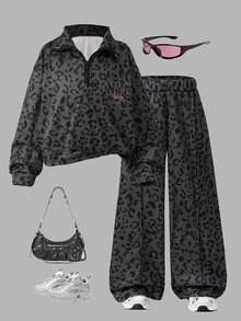 SHEIN 2件組女孩秋冬返校套裝 7-13歲 黑色/灰色豹紋休閒街頭風 NYC印花立領蝙蝠袖長袖拉鍊運動衫上衣搭配鬆緊腰寬鬆長褲，舒適柔軟簡約，適合春夏秋冬外出穿著，可作為禮物 - 黑色 - 查看 3