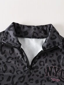 SHEIN 2件組女孩秋冬返校套裝 7-13歲 黑色/灰色豹紋休閒街頭風 NYC印花立領蝙蝠袖長袖拉鍊運動衫上衣搭配鬆緊腰寬鬆長褲，舒適柔軟簡約，適合春夏秋冬外出穿著，可作為禮物 - 黑色 - 查看 5