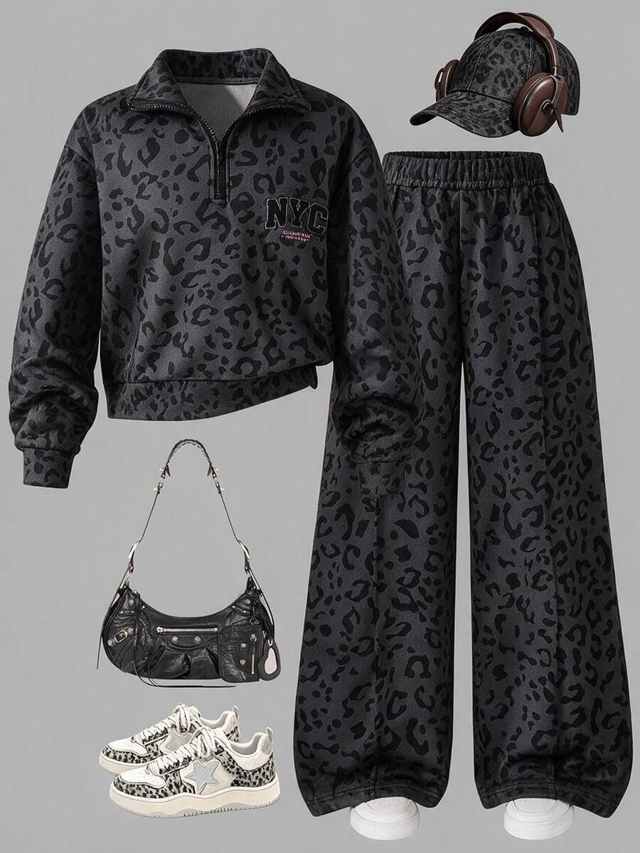 SHEIN 2件組女孩秋冬返校套裝 7-13歲 黑色/灰色豹紋休閒街頭風 NYC印花立領蝙蝠袖長袖拉鍊運動衫上衣搭配鬆緊腰寬鬆長褲,舒適柔軟簡約,適合春夏秋冬外出穿著,可作為禮物 - 黑色 - 查看 1