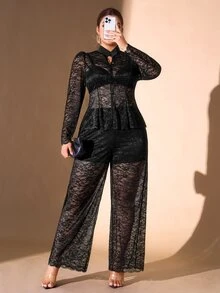 Cravure Plus Size Women's Fashion Elegant Sheer Lace 2 Pieces Set, Stand Collar Button-Up Petal Sleeve Top And Wide Leg Pants - Black - View 7