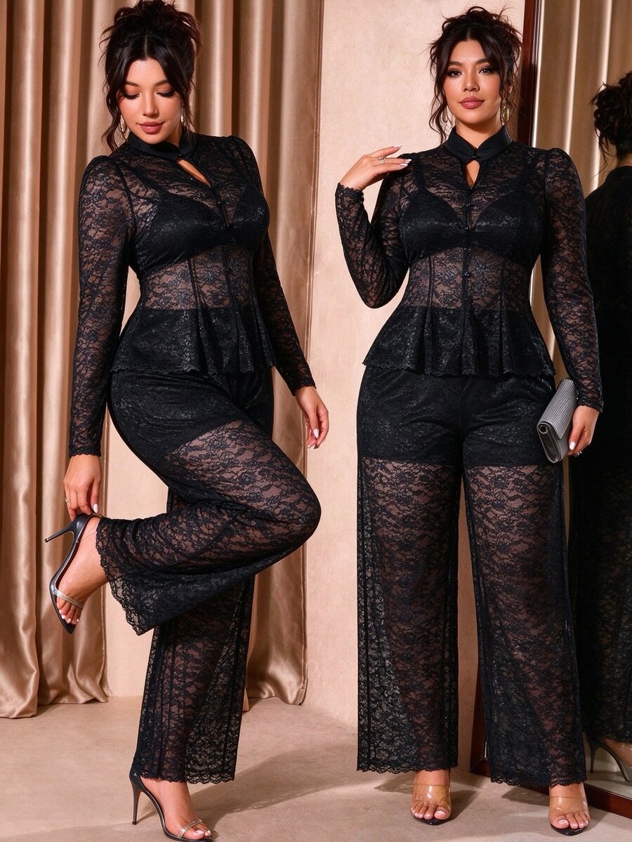Cravure Plus Size Women's Fashion Elegant Sheer Lace 2 Pieces Set, Stand Collar Button-Up Petal Sleeve Top And Wide Leg Pants - Black - View 1