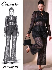 Cravure Plus Size Women's Fashion Elegant Sheer Lace 2 Pieces Set, Stand Collar Button-Up Petal Sleeve Top And Wide Leg Pants - Black - View 4