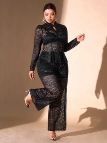 Cravure Plus Size Women's Fashion Elegant Sheer Lace 2 Pieces Set, Stand Collar Button-Up Petal Sleeve Top And Wide Leg Pants - Black - View 8