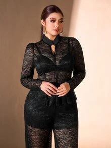 Cravure Plus Size Women's Fashion Elegant Sheer Lace 2 Pieces Set, Stand Collar Button-Up Petal Sleeve Top And Wide Leg Pants - Black - View 6