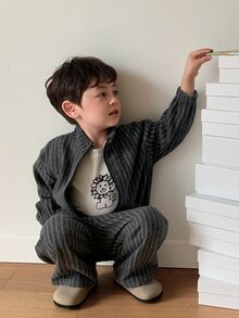 Dazy Kids Infant (Boy) Striped Long Sleeve Jacket & Long Pants Korean Style 2 Pieces Set Toddler Fall - Grey - View 6