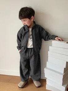Dazy Kids Infant (Boy) Striped Long Sleeve Jacket & Long Pants Korean Style 2 Pieces Set Toddler Fall - Grey - View 5