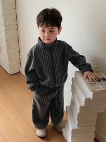 Dazy Kids Infant (Boy) Striped Long Sleeve Jacket & Long Pants Korean Style 2 Pieces Set Toddler Fall - Grey - View 4