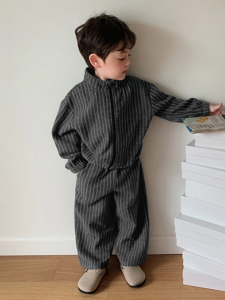 Dazy Kids Infant (Boy) Striped Long Sleeve Jacket & Long Pants Korean Style 2 Pieces Set Toddler Fall - Grey - View 1