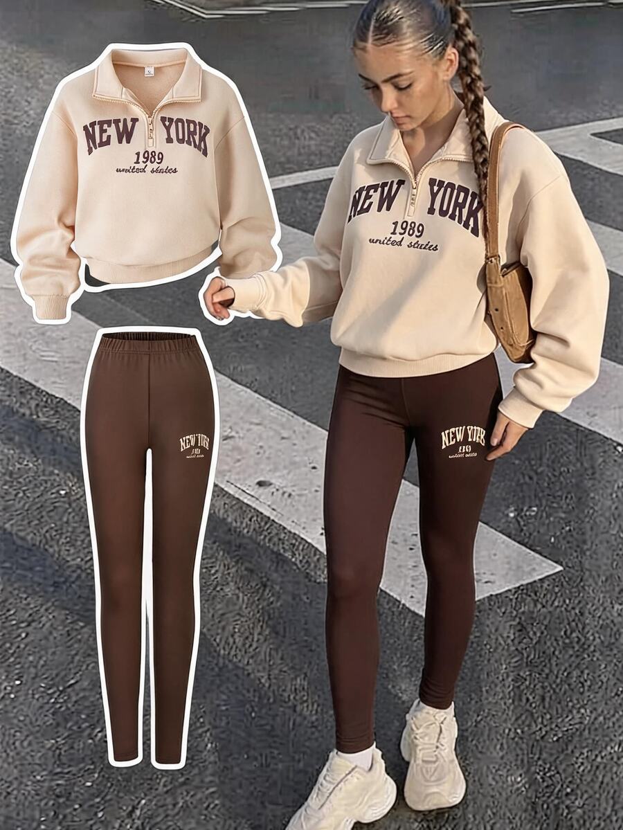 Teen Girl Sweatshirt Set Half-Zip Stand Collar High-Waist Slim Leggings ...