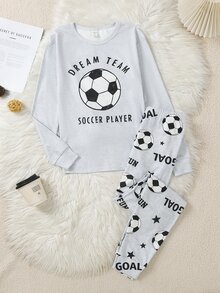 SHEIN 青少年男孩足球印花上衣與長褲居家休閒套裝 - 淺灰色 - 查看 5