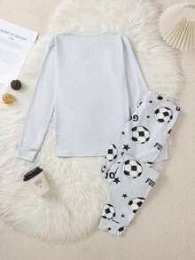 SHEIN 青少年男孩足球印花上衣與長褲居家休閒套裝 - 淺灰色 - 查看 2