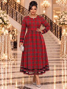 Fleurora Plus Size Fashion Plaid Pleated Long Sleeve Dress - Red - View 5