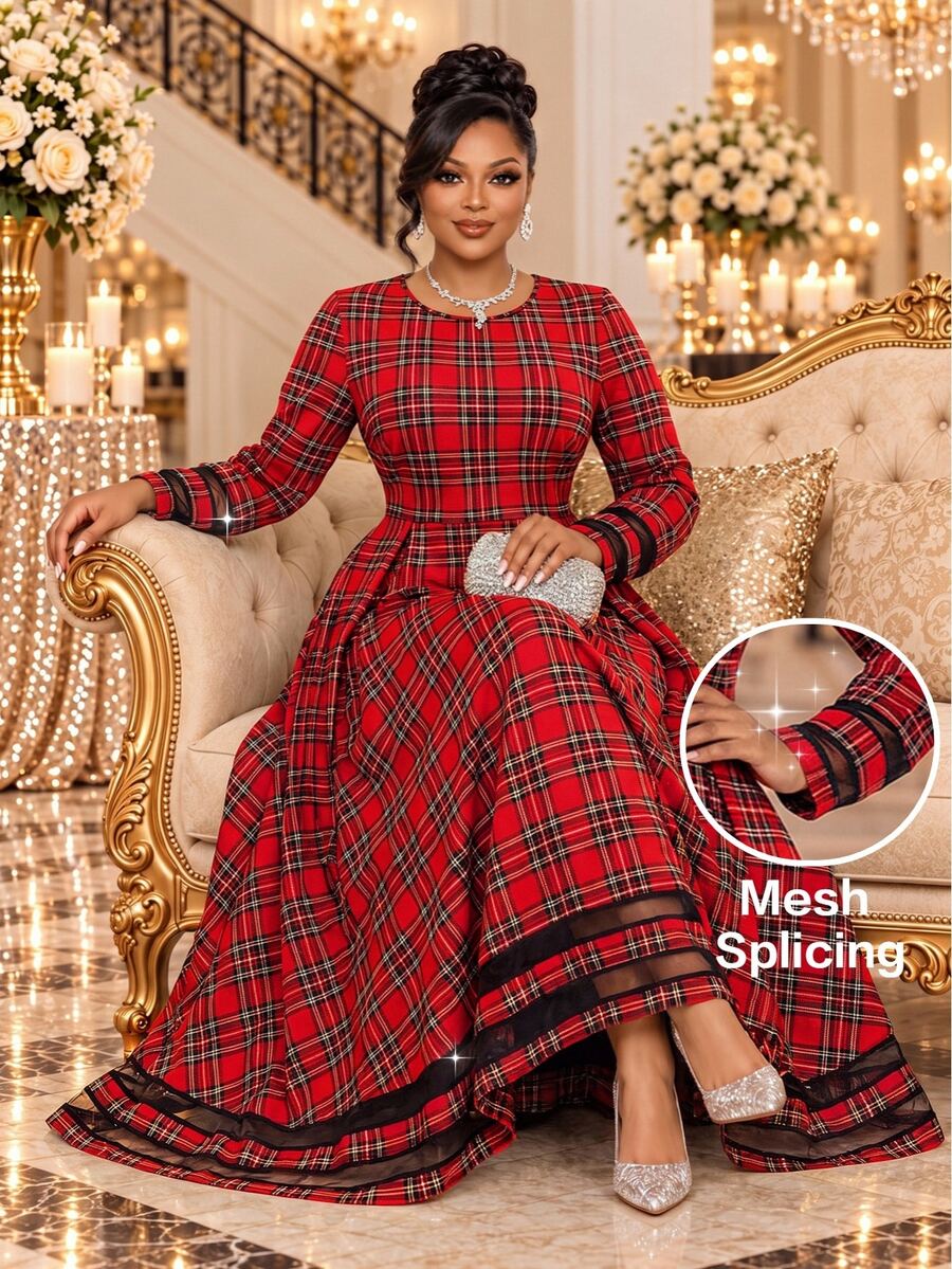 Fleurora Plus Size Fashion Plaid Pleated Long Sleeve Dress - Red - View 1