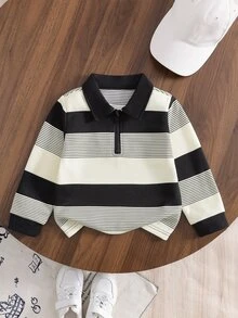 SHEIN 男童米色與黑色條紋針織長袖 Polo 衫，條紋領口與袖口增添細節，菱格紋表面提升質感，適合商務休閒、日常通勤、半正式社交場合與校園場合 - 黑與白 - 查看 8