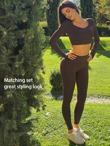 Fluxe Women Chocolate Brown Square Neck Long Sleeve Crop Top Padded Slim Fit Fitted Gym Workout Running Yoga Training Pilates Athletic Activewear Fall - Coffee Brown - View 8