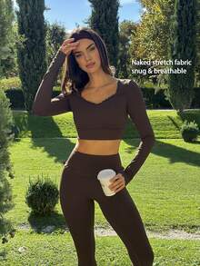 Fluxe Women Chocolate Brown Square Neck Long Sleeve Crop Top Padded Slim Fit Fitted Gym Workout Running Yoga Training Pilates Athletic Activewear Fall - Coffee Brown - View 5