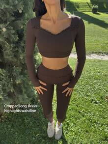 Fluxe Women Chocolate Brown Square Neck Long Sleeve Crop Top Padded Slim Fit Fitted Gym Workout Running Yoga Training Pilates Athletic Activewear Fall - Coffee Brown - View 11
