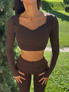 Fluxe Women Chocolate Brown Square Neck Long Sleeve Crop Top Padded Slim Fit Fitted Gym Workout Running Yoga Training Pilates Athletic Activewear Fall - Coffee Brown - View 2