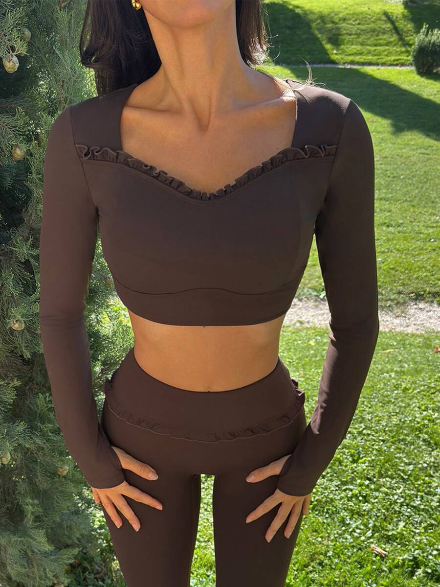 Fluxe Women Chocolate Brown Square Neck Long Sleeve Crop Top Padded Slim Fit Fitted Gym Workout Running Yoga Training Pilates Athletic Activewear Fall - Coffee Brown - View 1