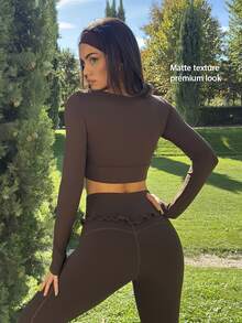 Fluxe Women Chocolate Brown Square Neck Long Sleeve Crop Top Padded Slim Fit Fitted Gym Workout Running Yoga Training Pilates Athletic Activewear Fall - Coffee Brown - View 6
