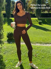 Fluxe Women Chocolate Brown Square Neck Long Sleeve Crop Top Padded Slim Fit Fitted Gym Workout Running Yoga Training Pilates Athletic Activewear Fall - Coffee Brown - View 7