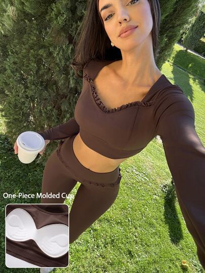 Fluxe Women Chocolate Brown Square Neck Long Sleeve Crop Top Padded Slim Fit Fitted Gym Workout Running Yoga Training Pilates Athletic Activewear Fall
