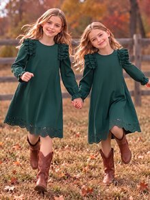Girls Fall Winter Ruffle Shoulder Long Sleeve Dress Solid Dark Green Scalloped Eyelet Hem Cute A-Line Gown - Multicolor - View 6