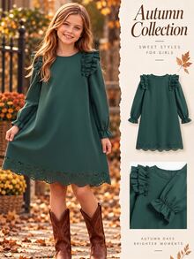 Girls Fall Winter Ruffle Shoulder Long Sleeve Dress Solid Dark Green Scalloped Eyelet Hem Cute A-Line Gown - Multicolor - View 7