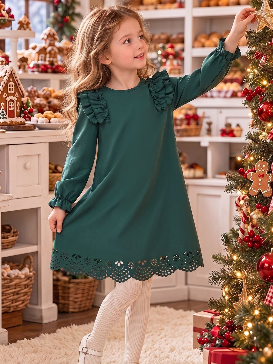 Girls Fall Winter Ruffle Shoulder Long Sleeve Dress Solid Dark Green Scalloped Eyelet Hem Cute A-Line Gown - Multicolor - View 1