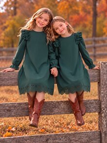 Girls Fall Winter Ruffle Shoulder Long Sleeve Dress Solid Dark Green Scalloped Eyelet Hem Cute A-Line Gown - Multicolor - View 4