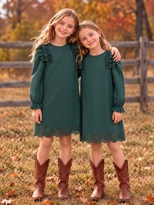 Girls Fall Winter Ruffle Shoulder Long Sleeve Dress Solid Dark Green Scalloped Eyelet Hem Cute A-Line Gown - Multicolor - View 5