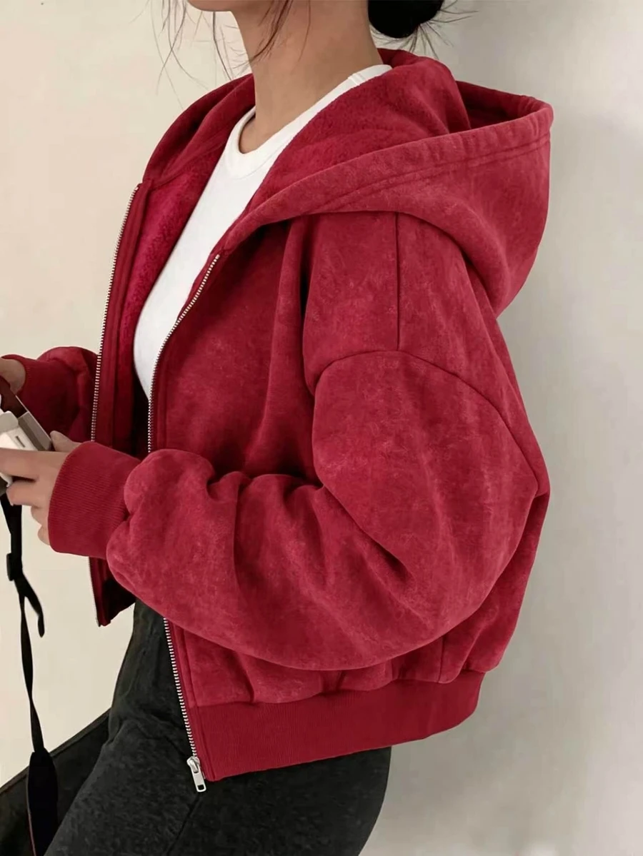 SHEIN 青少年女孩雪花洗水抓絨連帽夾克,紅色保暖內裡拉鍊運動衫,純色寬鬆口袋運動外套,適合秋冬校園穿著 - 紅色 - 查看 1