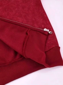 SHEIN 青少年女孩雪花洗水抓絨連帽夾克，紅色保暖內裡拉鍊運動衫，純色寬鬆口袋運動外套，適合秋冬校園穿著 - 紅色 - 查看 8