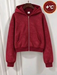 SHEIN 青少年女孩雪花洗水抓絨連帽夾克，紅色保暖內裡拉鍊運動衫，純色寬鬆口袋運動外套，適合秋冬校園穿著 - 紅色 - 查看 5