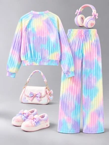 Teen Girls Tie Dye Bow Decor Rib-Knit Long Sleeve Sweatshirt & Wide Leg Pants 2 Pieces Set Casual Comfy Outfits Tracksuit For Autumn Winter - Multicolor - View 2