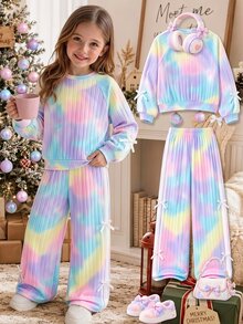 Teen Girls Tie Dye Bow Decor Rib-Knit Long Sleeve Sweatshirt & Wide Leg Pants 2 Pieces Set Casual Comfy Outfits Tracksuit For Autumn Winter - Multicolor - View 1