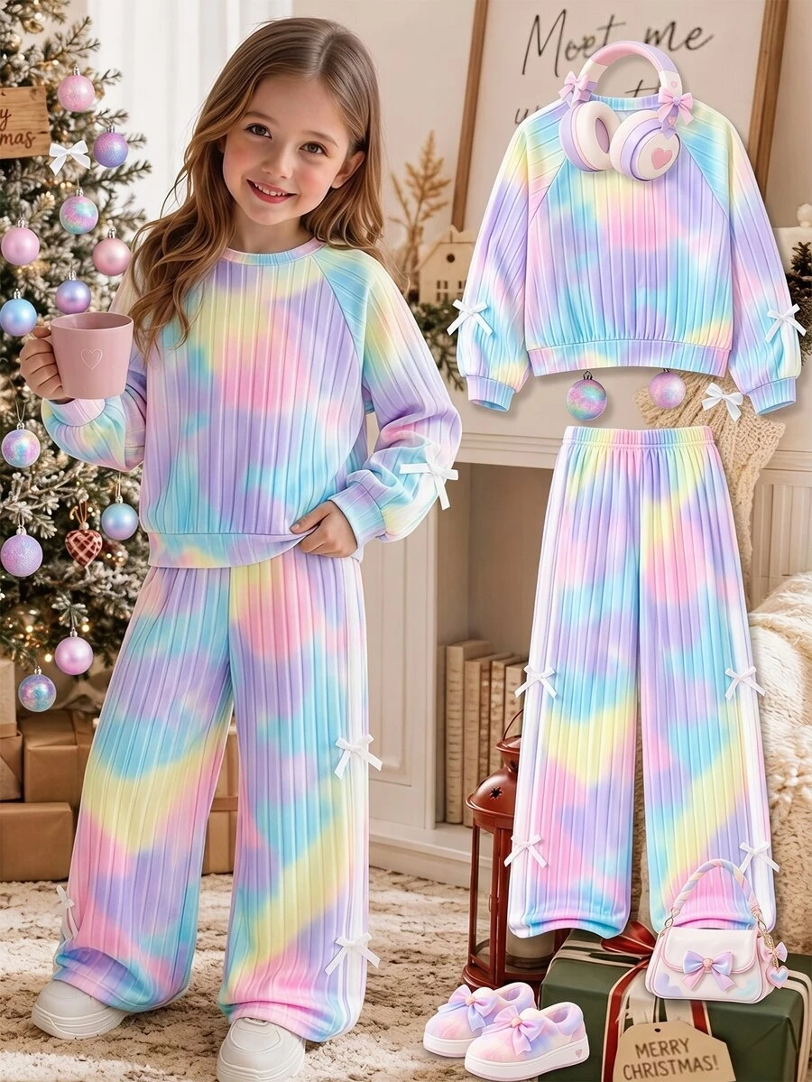 Teen Girls Tie Dye Bow Decor Rib-Knit Long Sleeve Sweatshirt & Wide Leg Pants 2 Pieces Set Casual Comfy Outfits Tracksuit For Autumn Winter - Multicolor - View 1