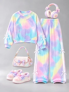 Teen Girls Tie Dye Bow Decor Rib-Knit Long Sleeve Sweatshirt & Wide Leg Pants 2 Pieces Set Casual Comfy Outfits Tracksuit For Autumn Winter - Multicolor - View 6