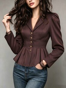 SHEIN 女款純色百褶休閒優雅百搭通勤辦公旅行西裝外套 酒紅色 秋季 - 巧克力棕 - 查看 8