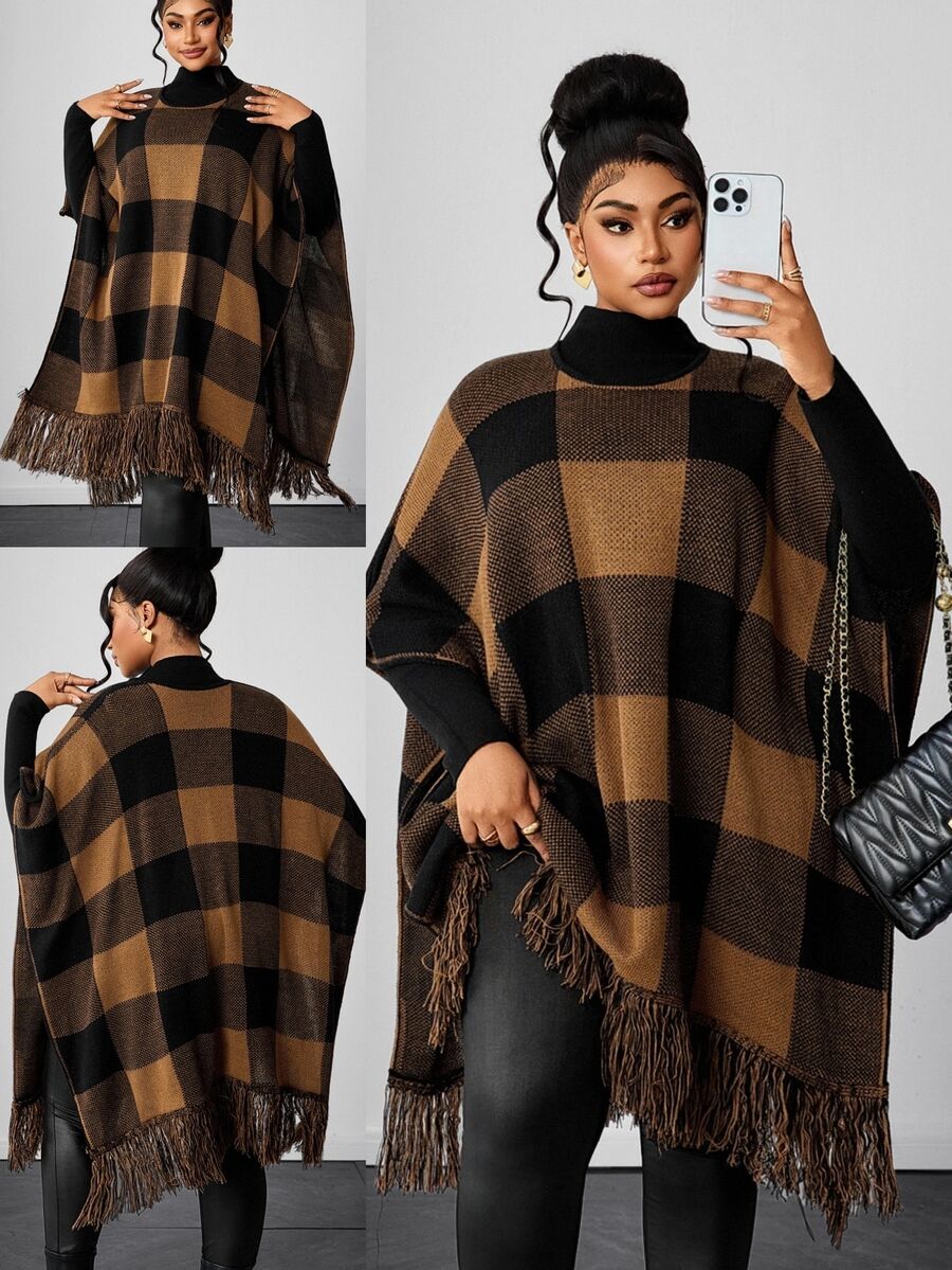 Maweii Plus Size Women's Sweater Pullover, Cape, Fringes, Multi-Color, Autumn/Winter, Casual, Elegant - Multicolor - View 1
