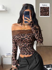 Coolane 女款秋季四季街頭風性感Y2K復古約會之夜派對棕色豹紋彈性對比蕾絲修身露肩T恤優雅上衣 - 棕色 - 查看 7