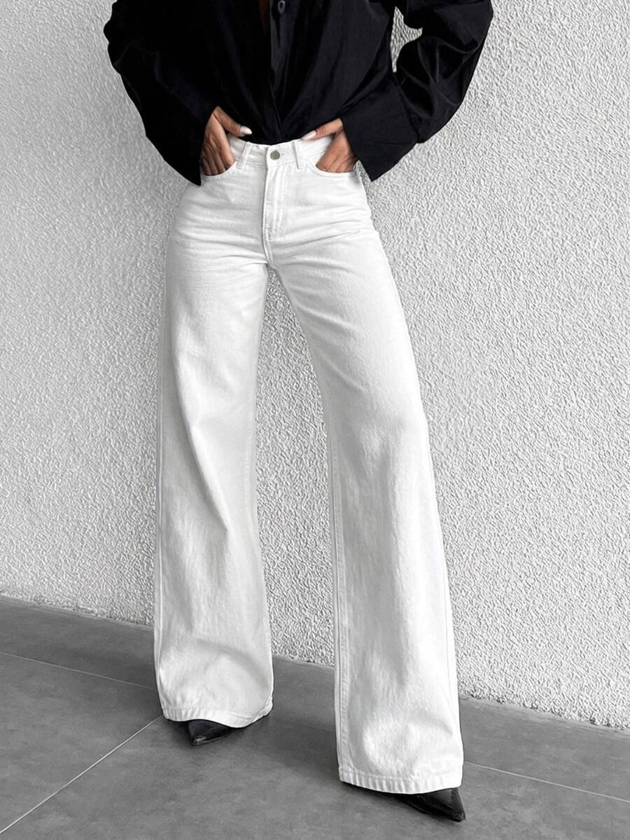 ZIRRA Women's High Waist Pockets Straight Loose Casual Versatile Jeans - White - View 1