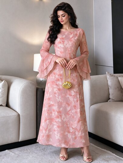 Yasmyna Women's Pink Spring/Summer Slim Fit Flattering Round Neck Floral Print Ruffle Flare Long Sleeve Maxi Dress Elegant Date Party Vacation Outfit