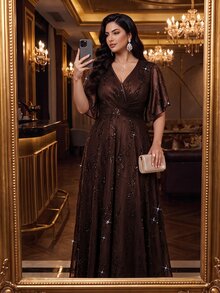 Auveirra Plus Size Elegant Sequin Party Cocktail Dinner Dress New Year Brown Summer Party Luxury Prom Dress - Brown - View 5