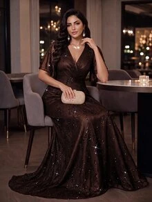 Auveirra Plus Size Elegant Sequin Party Cocktail Dinner Dress New Year Brown Summer Party Luxury Prom Dress - Brown - View 7